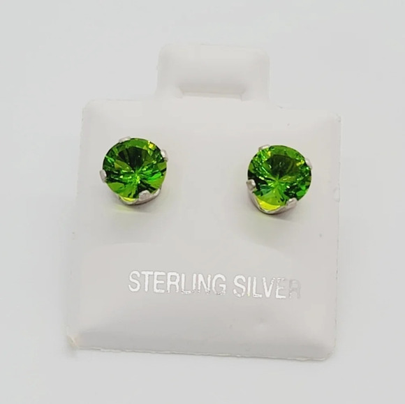 New Bright Green Round CZ Sterling Silver Earrings - Picture 4 of 6